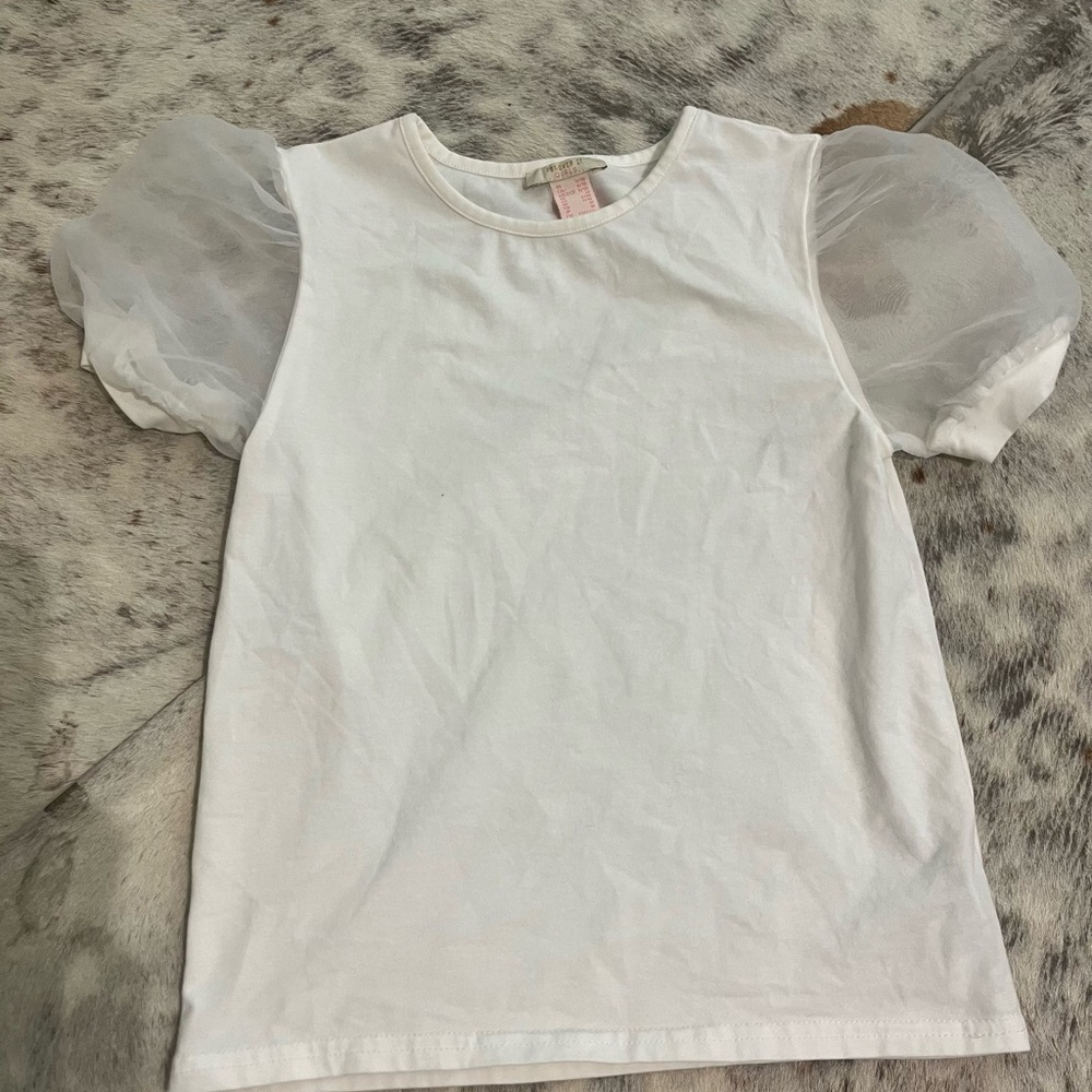Forever 21 White Kids Top with Sheer Puff Sleeves